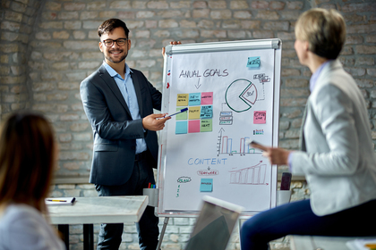 Image depicting a person pitching a project proposal - The 5 essential steps, project background, identify the problem, present solution, define project goals, and define resources.